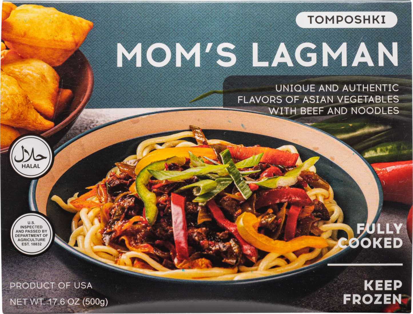 Tomposhki, Fully Cooked Halal Assortment of Guyru & Mom's Lagman - Central-Asian Inspired Unique & Authentic Flavors of Beef with Asian Vegetables & Noodles, 17.6oz/500g, Pack of 4 (2 of Each)