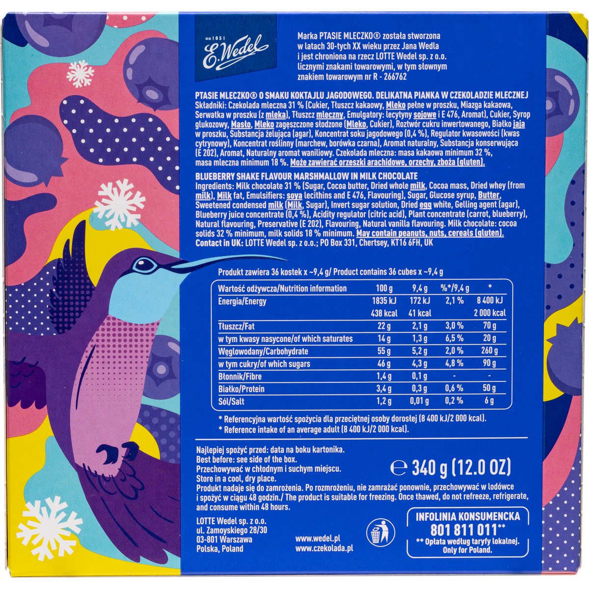 E. Wedel Limited Edition Ptasie Mleczko Polish Bird's Milk – Blueberry Shake in Milk Chocolate, 340g