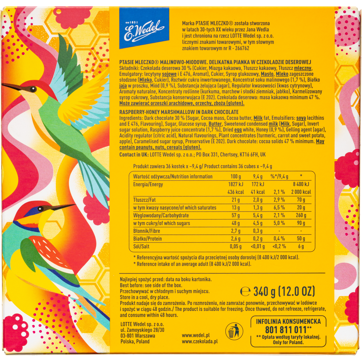 E. Wedel Limited Edition Ptasie Mleczko Polish Bird's Milk – Raspberry Honey in Dark Chocolate, 340g