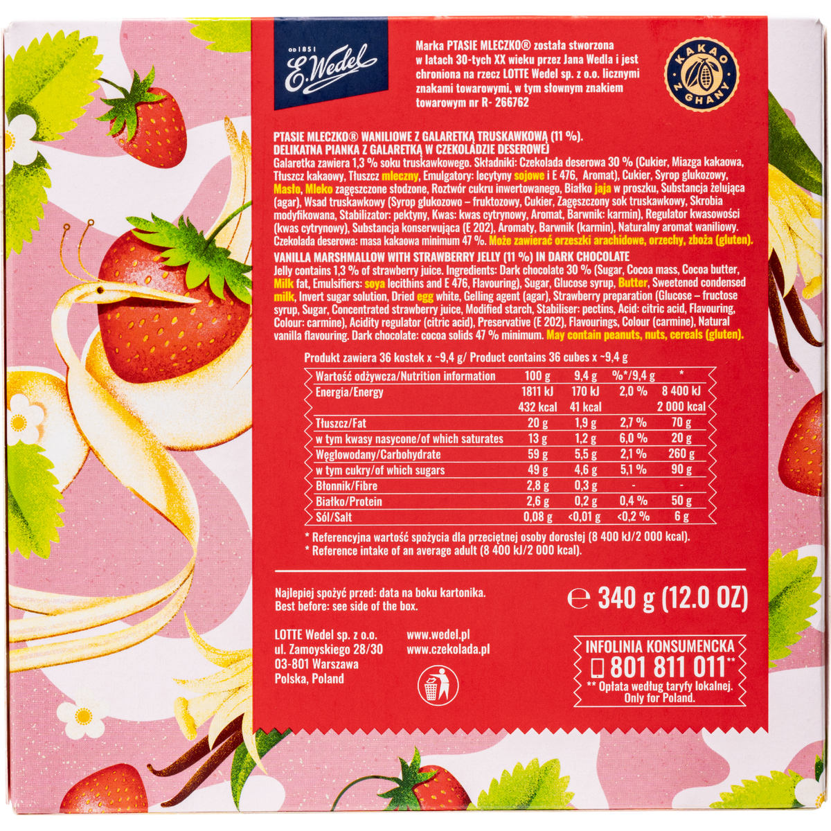E. Wedel Ptasie Mleczko Polish Bird's Milk – Vanilla Marshmallow with Strawberry Jelly in Dark Chocolate, 340g