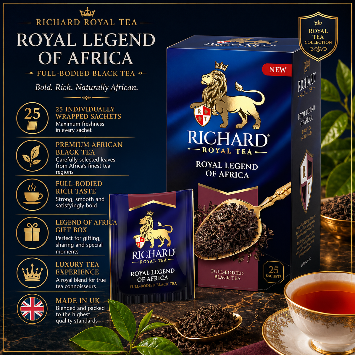 Richard Royal Legend of Africa Full-Bodied Black Tea Bags, 25-Sachet Gift Box, 50g