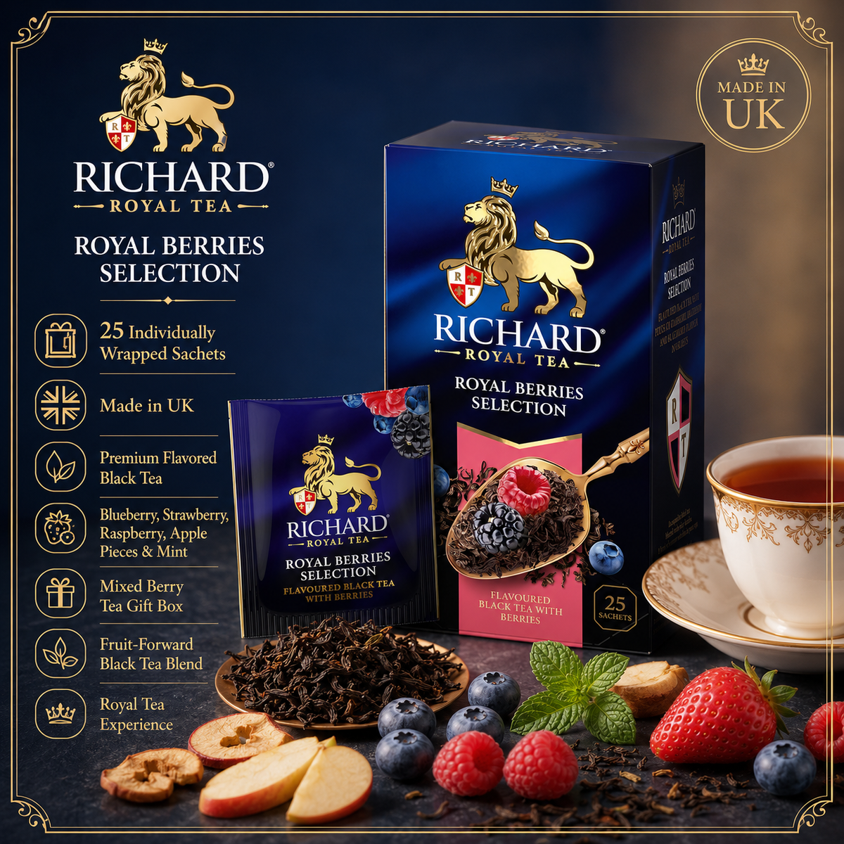 Richard Royal Berries Selection Black Tea Bags with Blueberry, Strawberry & Raspberry, 25-Sachet Gift Box, 42.5g