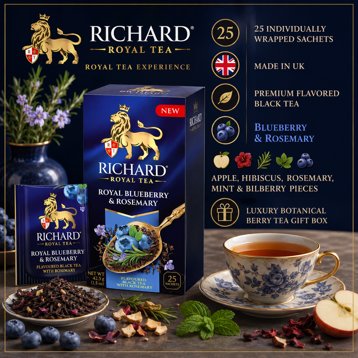 Richard Royal Blueberry & Rosemary Black Tea Bags with Apple, Mint & Bilberry, 25-Sachet Gift Box, 42.5g
