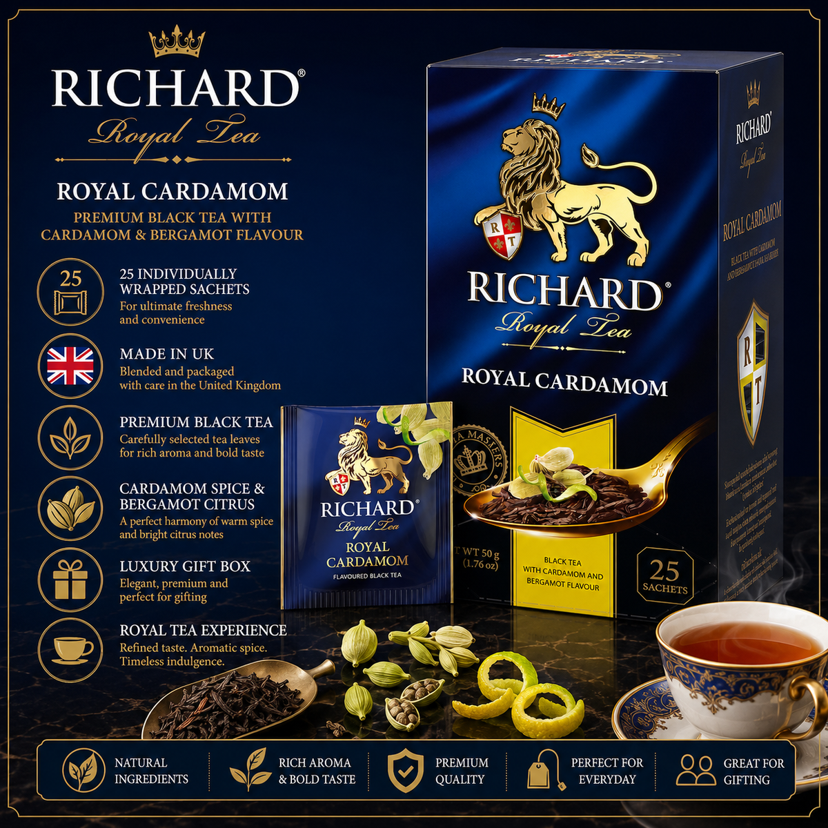 Richard Royal Cardamom & Bergamot Black Tea Bags, Aromatic Citrus Spice Blend, 25-Sachet Gift Box, 50g