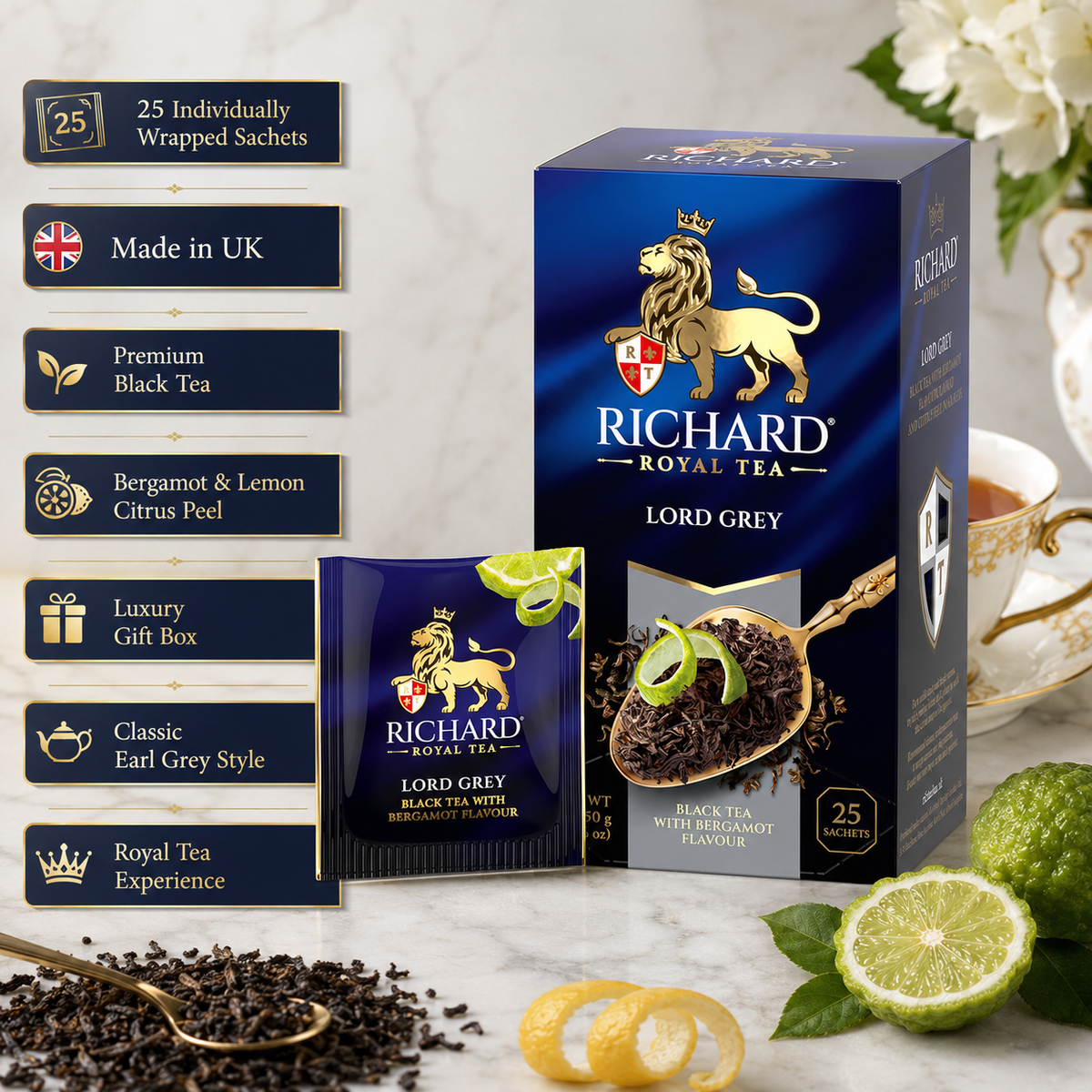 Richard Royal Lord Grey Earl Grey Black Tea Bags with Bergamot & Lemon Peel, 25-Sachet Gift Box, 50g