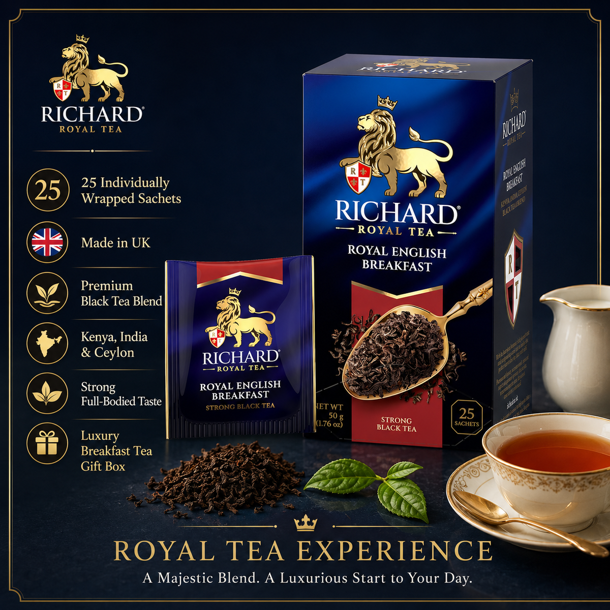 Richard Royal English Breakfast Black Tea Bags, Strong Full-Bodied Blend, 25-Sachet Gift Box, 50g