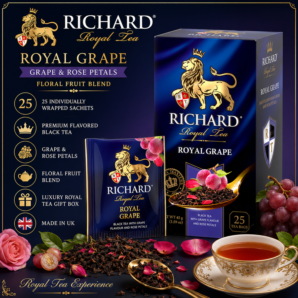 Richard Royal Grape & Rose Petals Black Tea Bags, Floral Fruit Blend, 25-Sachet Gift Box, 45g