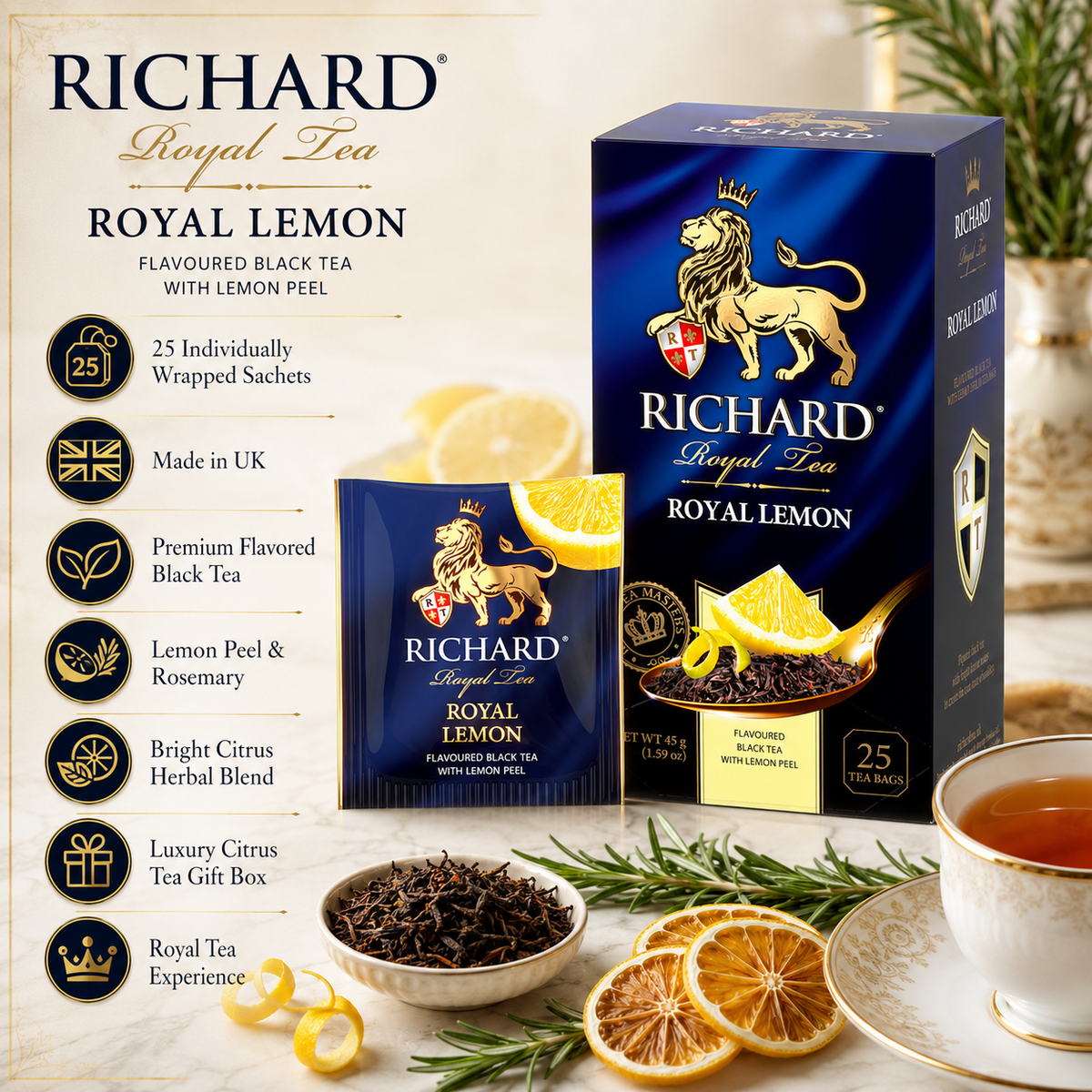 Richard Royal Lemon Black Tea Bags with Lemon Peel & Rosemary, 25-Sachet Gift Box, 45g
