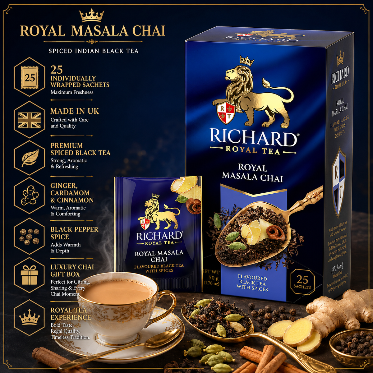 Richard Royal Masala Chai Black Tea Bags with Ginger, Cardamom, Cinnamon & Pepper, 25-Sachet Gift Box, 50g
