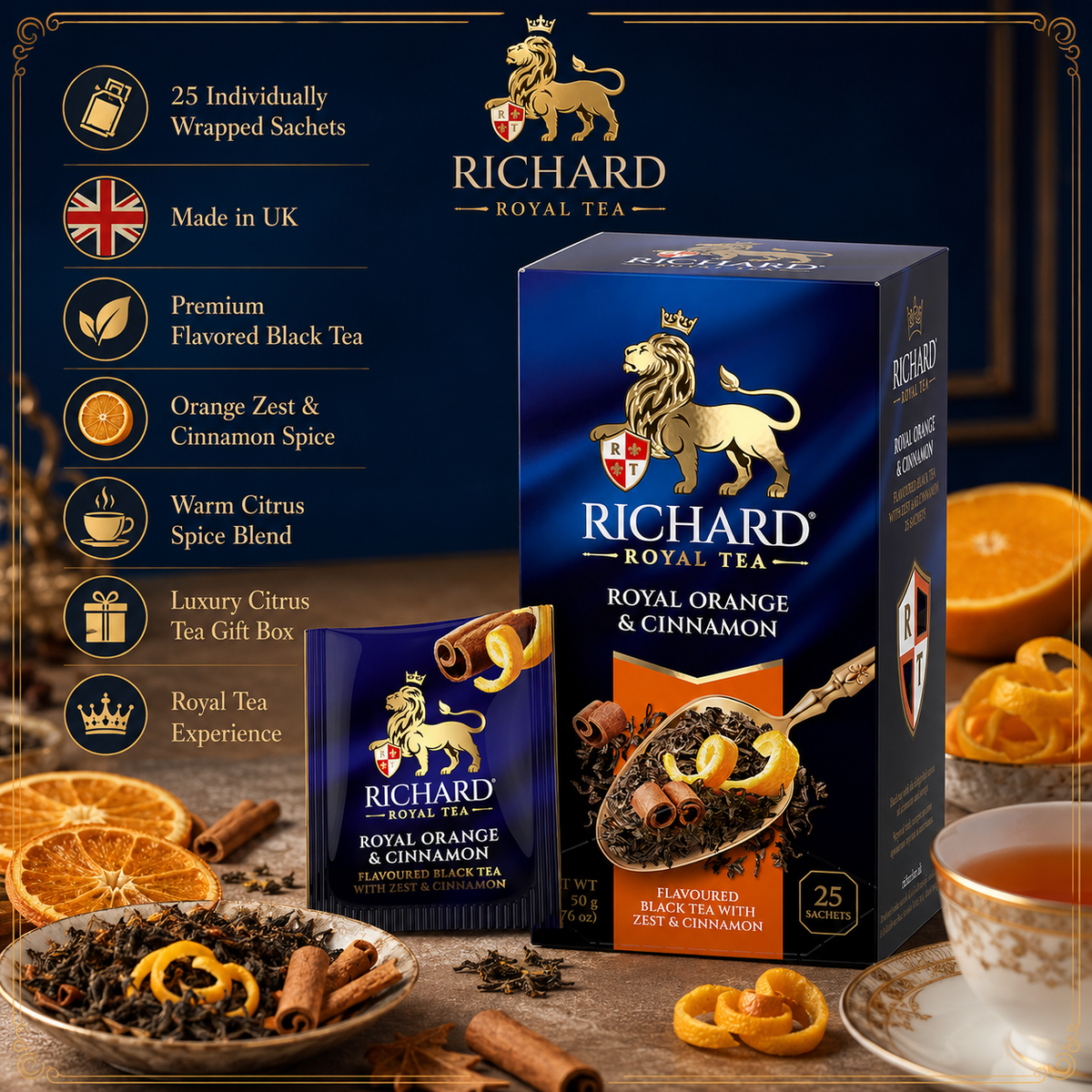 Richard Royal Orange & Cinnamon Black Tea Bags with Citrus Zest & Spice, 25-Sachet Gift Box, 50g