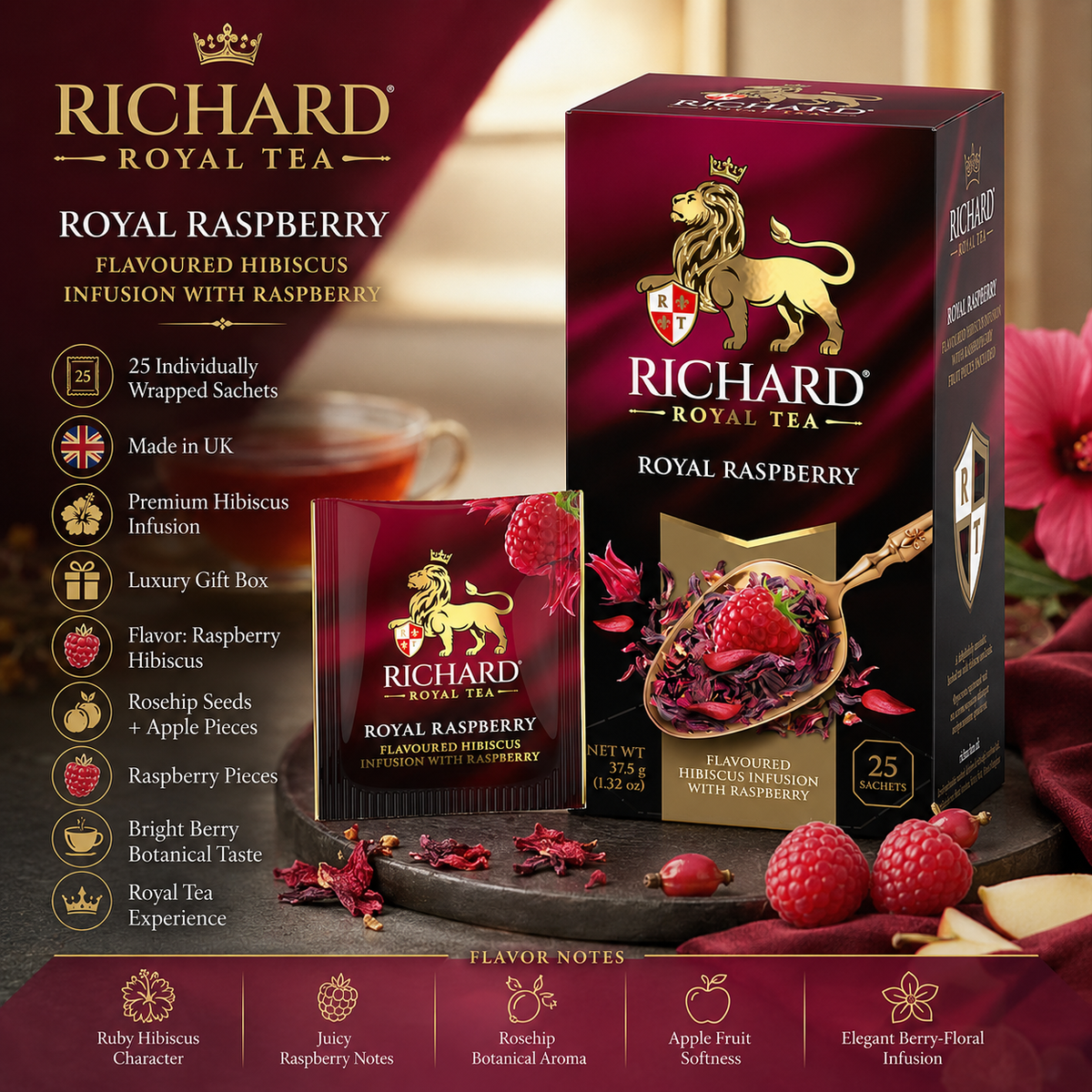 Richard Royal Raspberry Hibiscus Infusion Tea Bags with Rosehip, Apple & Raspberry, 25-Sachet Gift Box, 37.5g