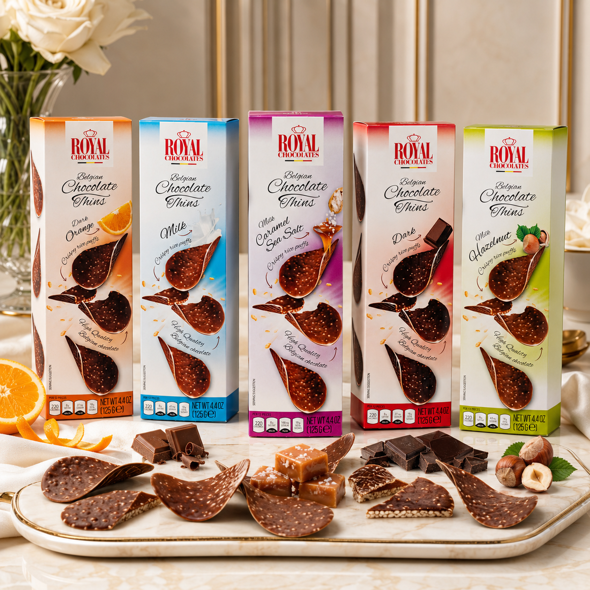 Royal Chocolates Belgian Milk Chocolate Thins with Caramel & Sea Salt, 4.4 oz (125 g)