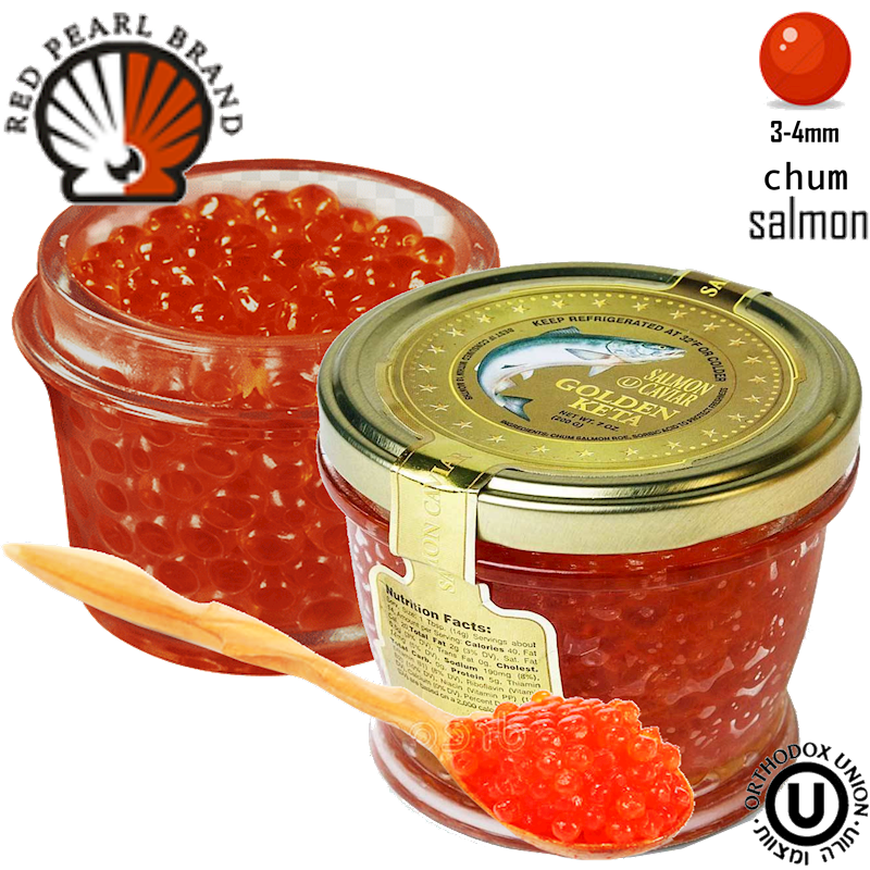 Golden Keta Wild Alaskan Salmon Red Caviar Glass Jar, Red Pearl Brand, Chum, 200g (PACK OF 12)
