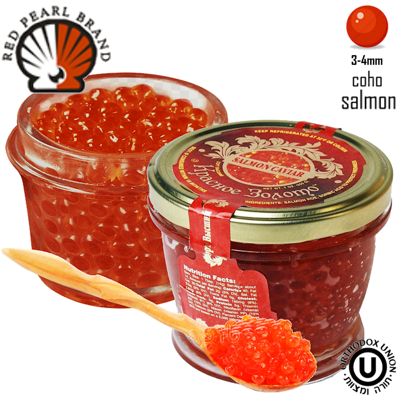 "Red Gold" Wild Alaskan Coho Salmon Red Caviar Glass Jar, Red Pearl Brand, 200g (PACK OF 12)