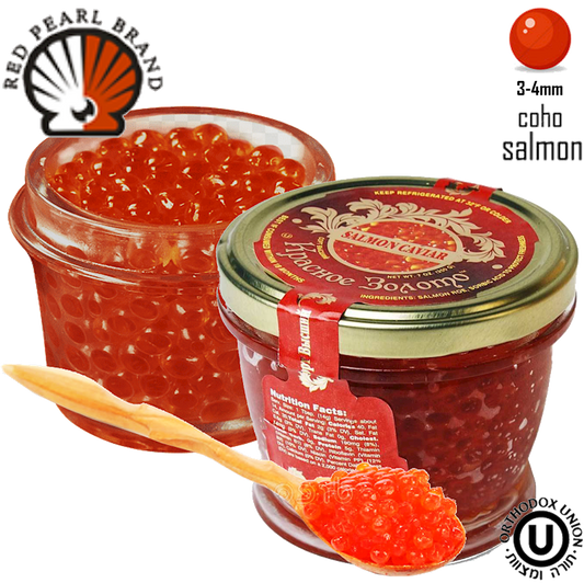 "Red Gold" Wild Alaskan Coho Salmon Red Caviar Glass Jar, Red Pearl Brand, 200g (PACK OF 12)