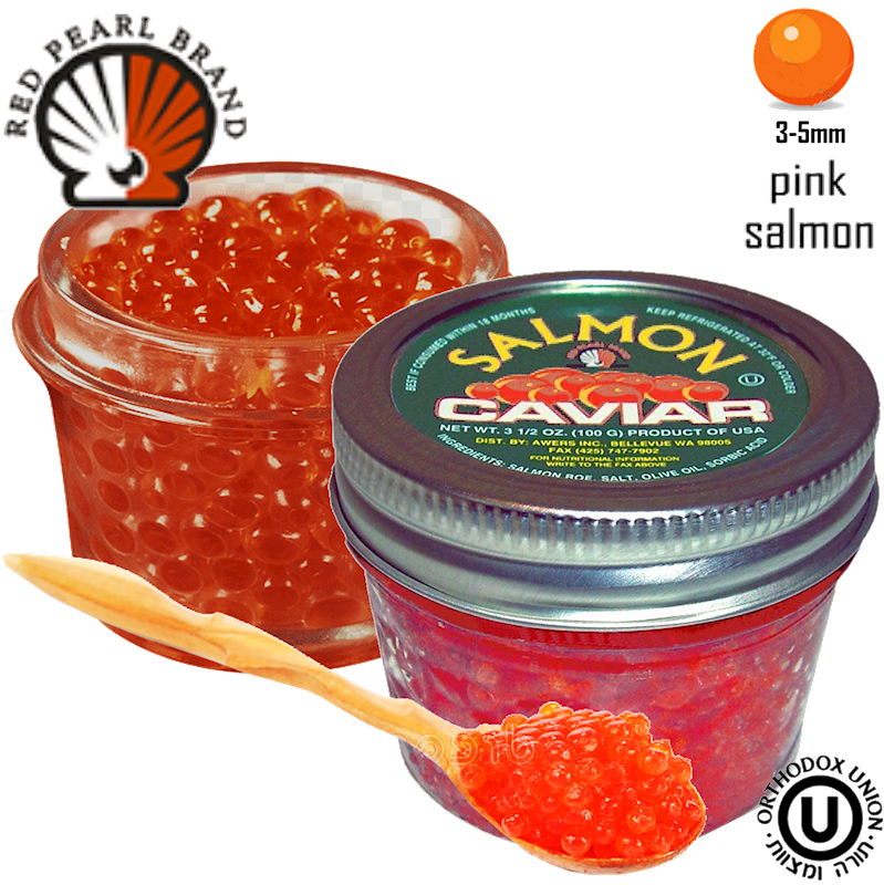 Wild Alaskan Pink Salmon Red Caviar Glass Jar, Red Pearl Brand, 100g (PACK OF 24)