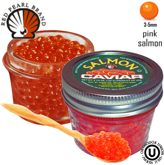 Wild Alaskan Pink Salmon Red Caviar Glass Jar, Red Pearl Brand, 100g (PACK OF 24)