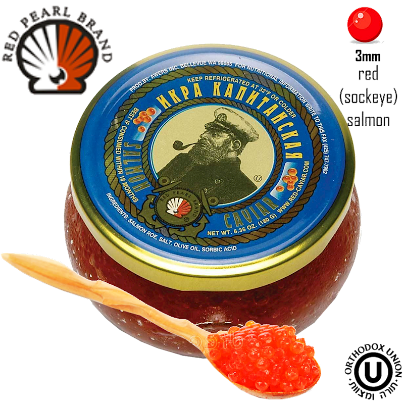"Captain" Wild Alaskan Sockeye Salmon Red Caviar Glass Jar, Red Pearl Brand, 180g (PACK OF 12)