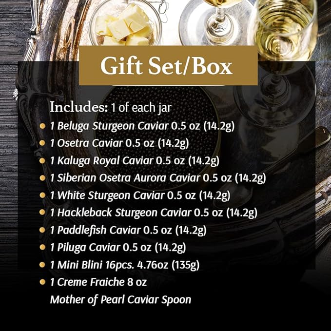 Black Caviar Taster Gift Set (Beluga, Osetra, Kaluga, Siberian Osetra, White Sturgeon, Hackleback, Paddlefish, Piluga)