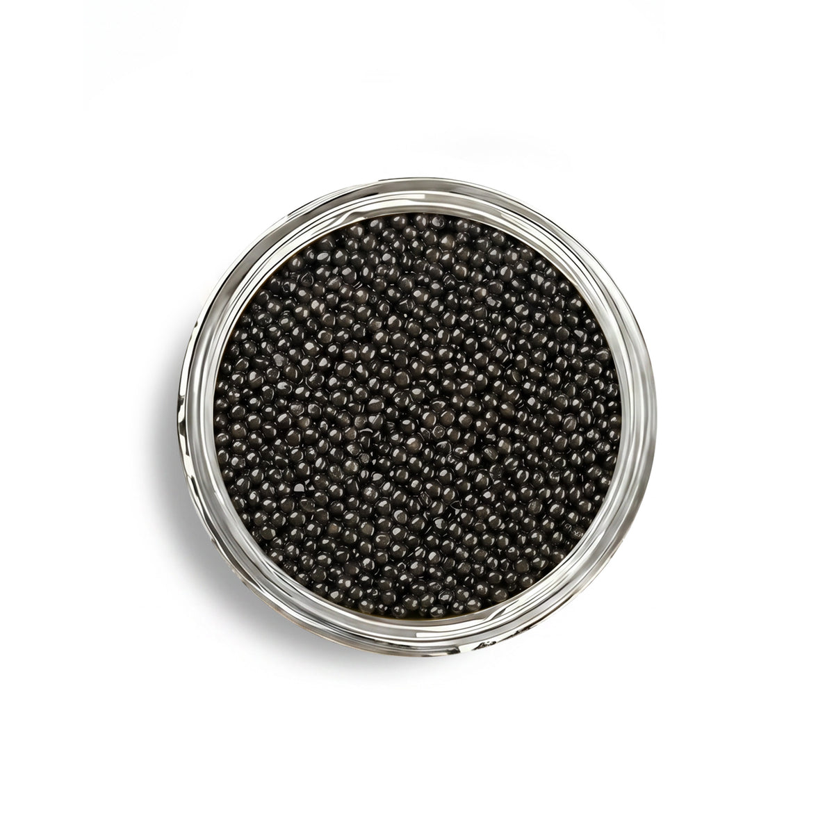 Caspian Beluga Hybrid Caviar Pearls Close-Up Featuring Large Glossy Black Roe with Rich Buttery Texture on White Background