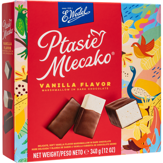 E. Wedel Ptasie Mleczko Polish Bird's Milk – Vanilla Marshmallow in Dark Chocolate, 340g