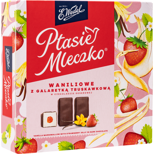 E. Wedel Ptasie Mleczko Polish Bird's Milk – Vanilla Marshmallow with Strawberry Jelly in Dark Chocolate, 340g