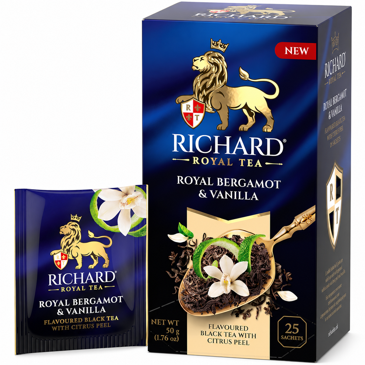 Richard Royal Bergamot & Vanilla Ceylon Black Tea Bags with Citrus Peel, 25-Sachet Gift Box, 50g