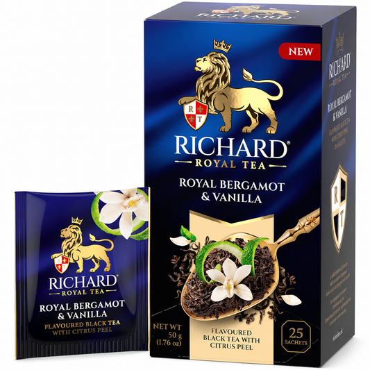 Richard Royal Bergamot & Vanilla Ceylon Black Tea Bags with Citrus Peel, 25-Sachet Gift Box, 50g