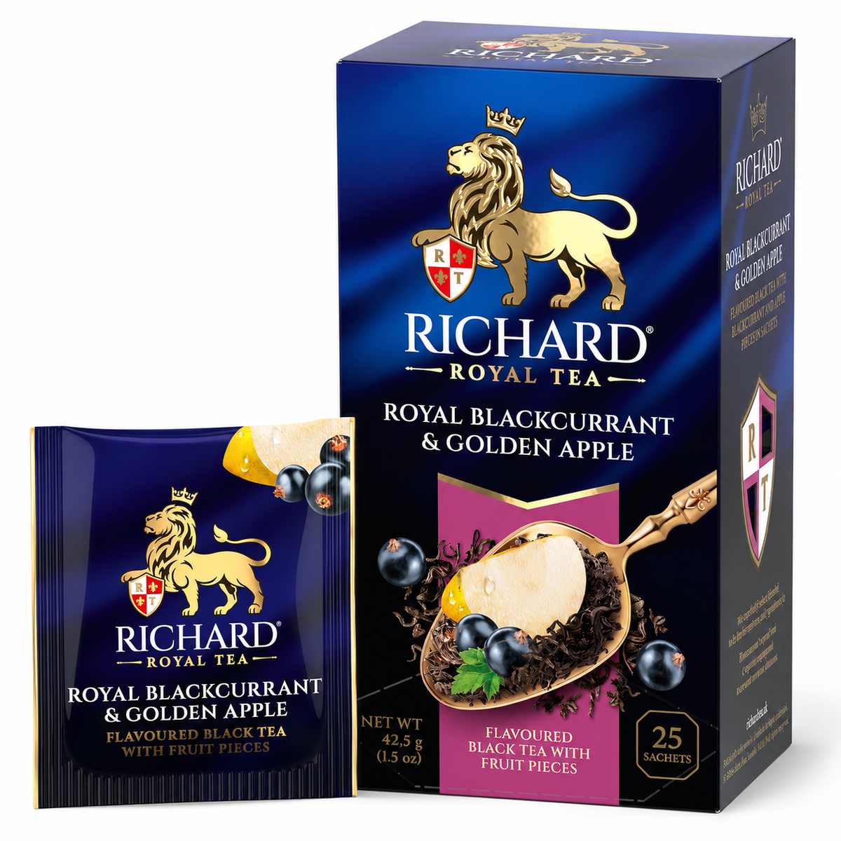 Richard Royal Blackcurrant & Golden Apple Black Tea Bags with Fruit Pieces, 25-Sachet Gift Box, 42.5g