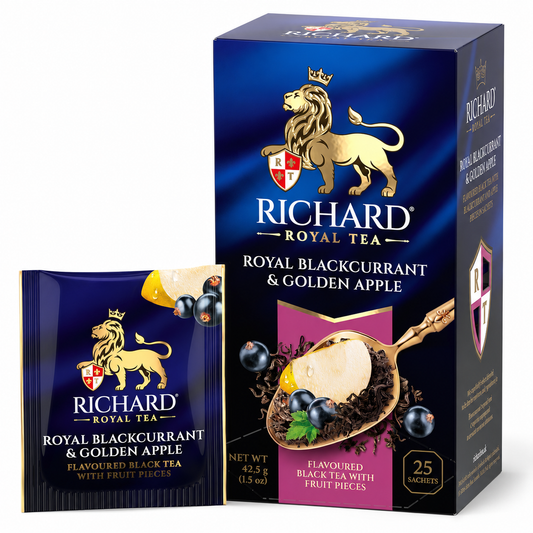 Richard Royal Blackcurrant & Golden Apple Black Tea Bags with Fruit Pieces, 25-Sachet Gift Box, 42.5g
