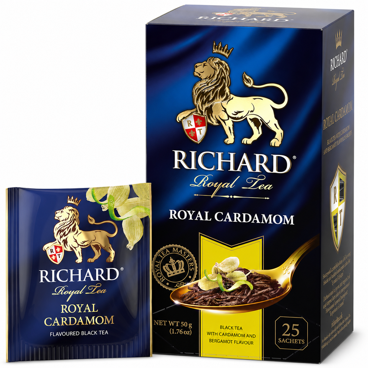 Richard Royal Cardamom & Bergamot Black Tea Bags, Aromatic Citrus Spice Blend, 25-Sachet Gift Box, 50g