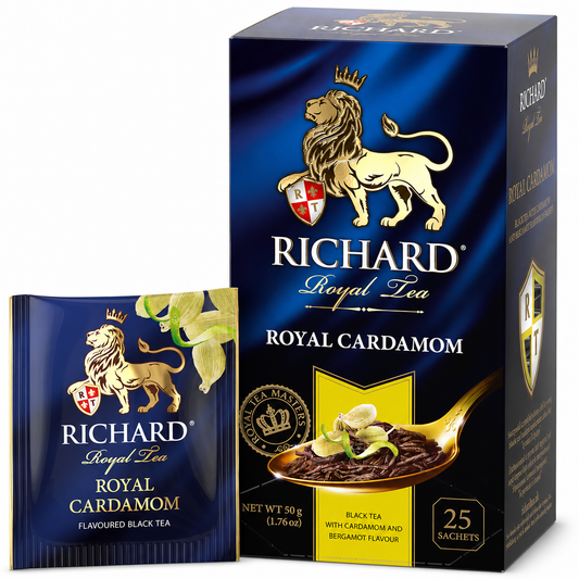 Richard Royal Cardamom & Bergamot Black Tea Bags, Aromatic Citrus Spice Blend, 25-Sachet Gift Box, 50g