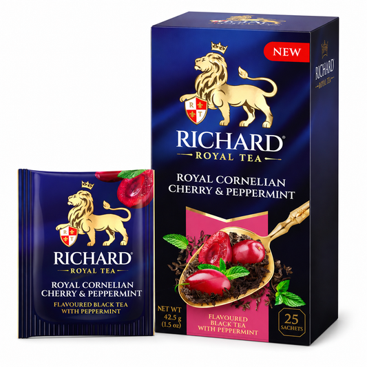 Richard Royal Cornelian Cherry & Peppermint Black Tea Bags with Herbal Botanicals, 25-Sachet Gift Box, 42.5g