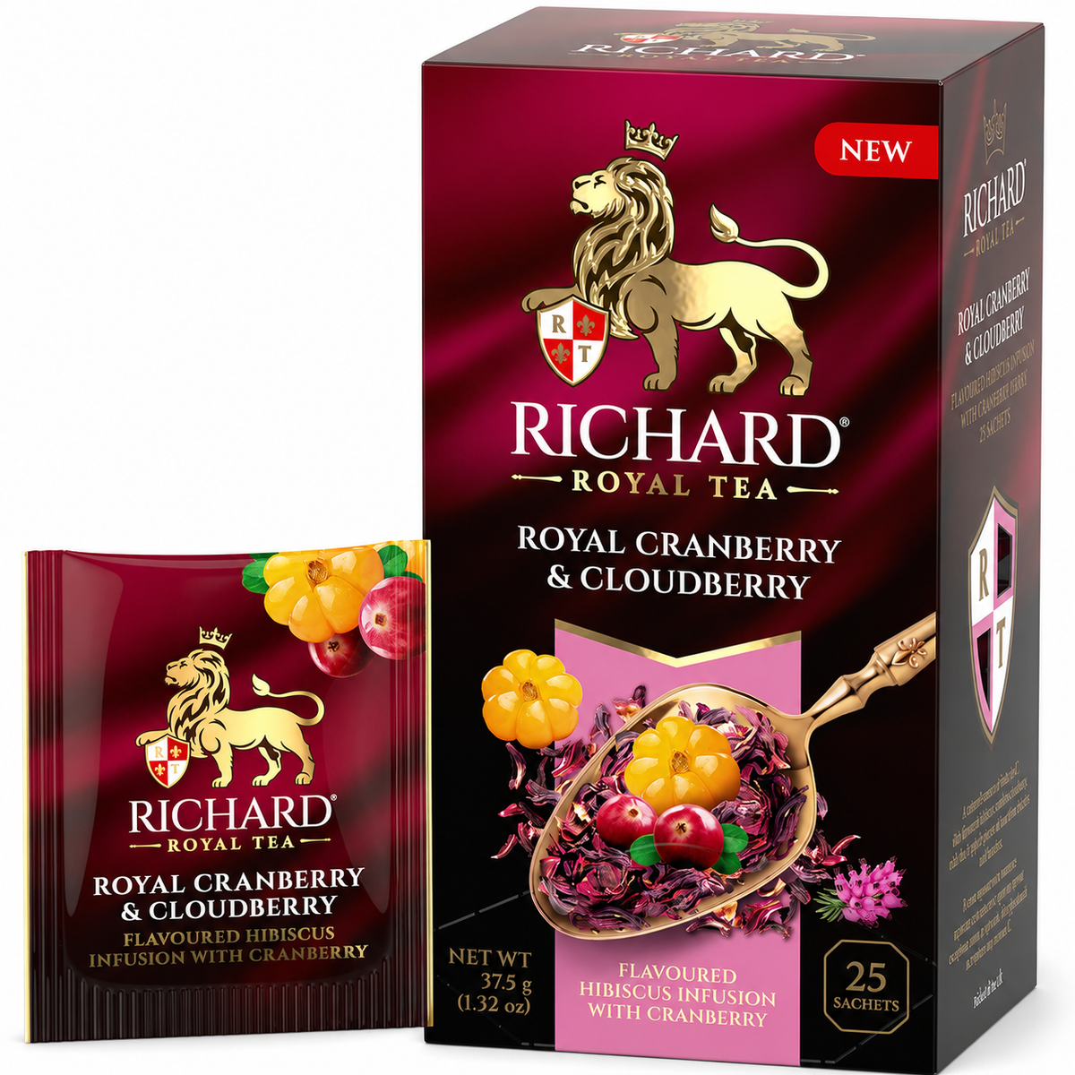 Richard Royal Cranberry & Cloudberry Hibiscus Infusion Tea Bags with Apple & Berries, 25-Sachet Gift Box, 37.5g