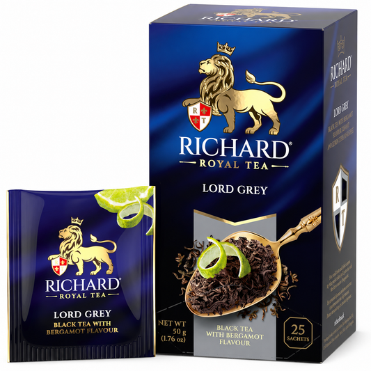 Richard Royal Lord Grey Earl Grey Black Tea Bags with Bergamot & Lemon Peel, 25-Sachet Gift Box, 50g