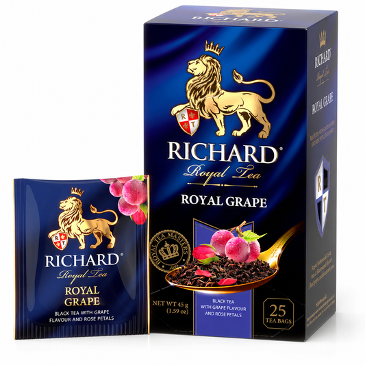 Richard Royal Grape & Rose Petals Black Tea Bags, Floral Fruit Blend, 25-Sachet Gift Box, 45g