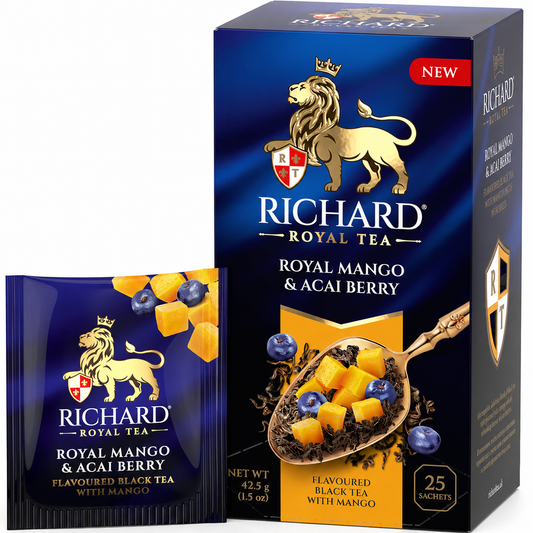 Richard Royal Mango & Acai Berry Black Tea Bags with Tropical Fruit, 25-Sachet Gift Box, 42.5g