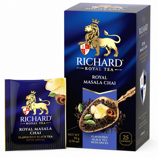 Richard Royal Masala Chai Black Tea Bags with Ginger, Cardamom, Cinnamon & Pepper, 25-Sachet Gift Box, 50g