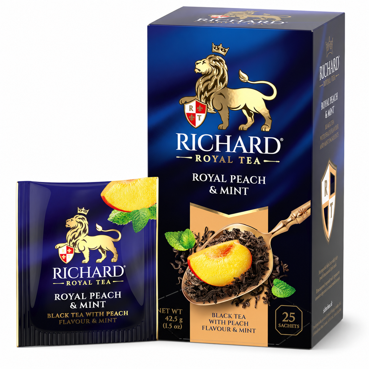 Richard Royal Peach & Mint Black Tea Bags, Fruit-Flavored Blend, 25-Sachet Gift Box, 42.5g