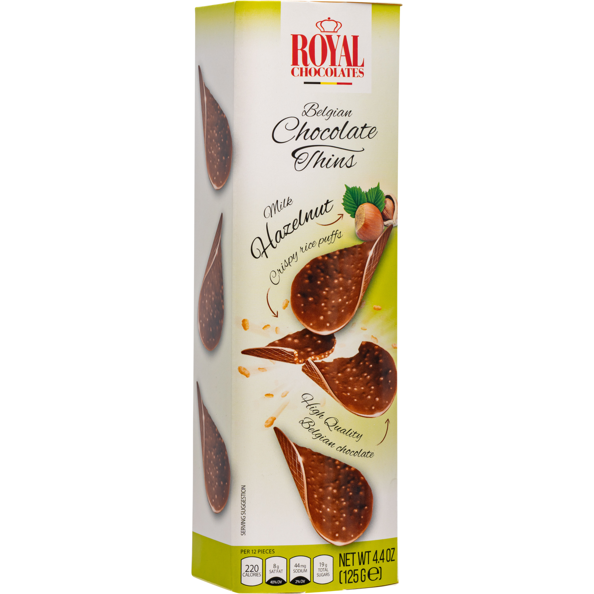 Royal Chocolates Belgian Milk Chocolate Hazelnut Thins with Crispy Rice Puffs, 4.4 oz (125 g)