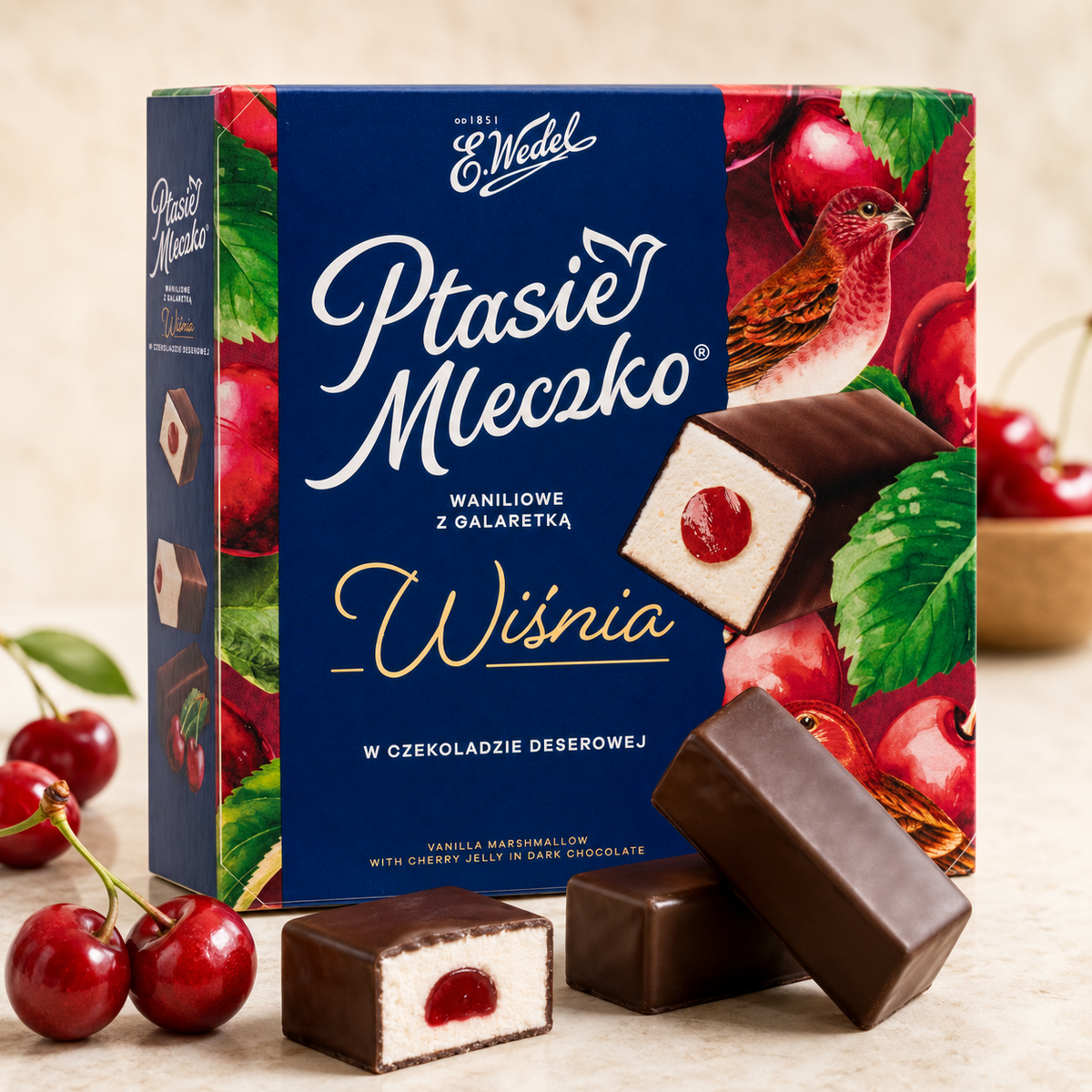E. Wedel Limited Edition Ptasie Mleczko Polish Bird's Milk – Vanilla Marshmallow with Cherry Jelly in Dark Chocolate, 340g