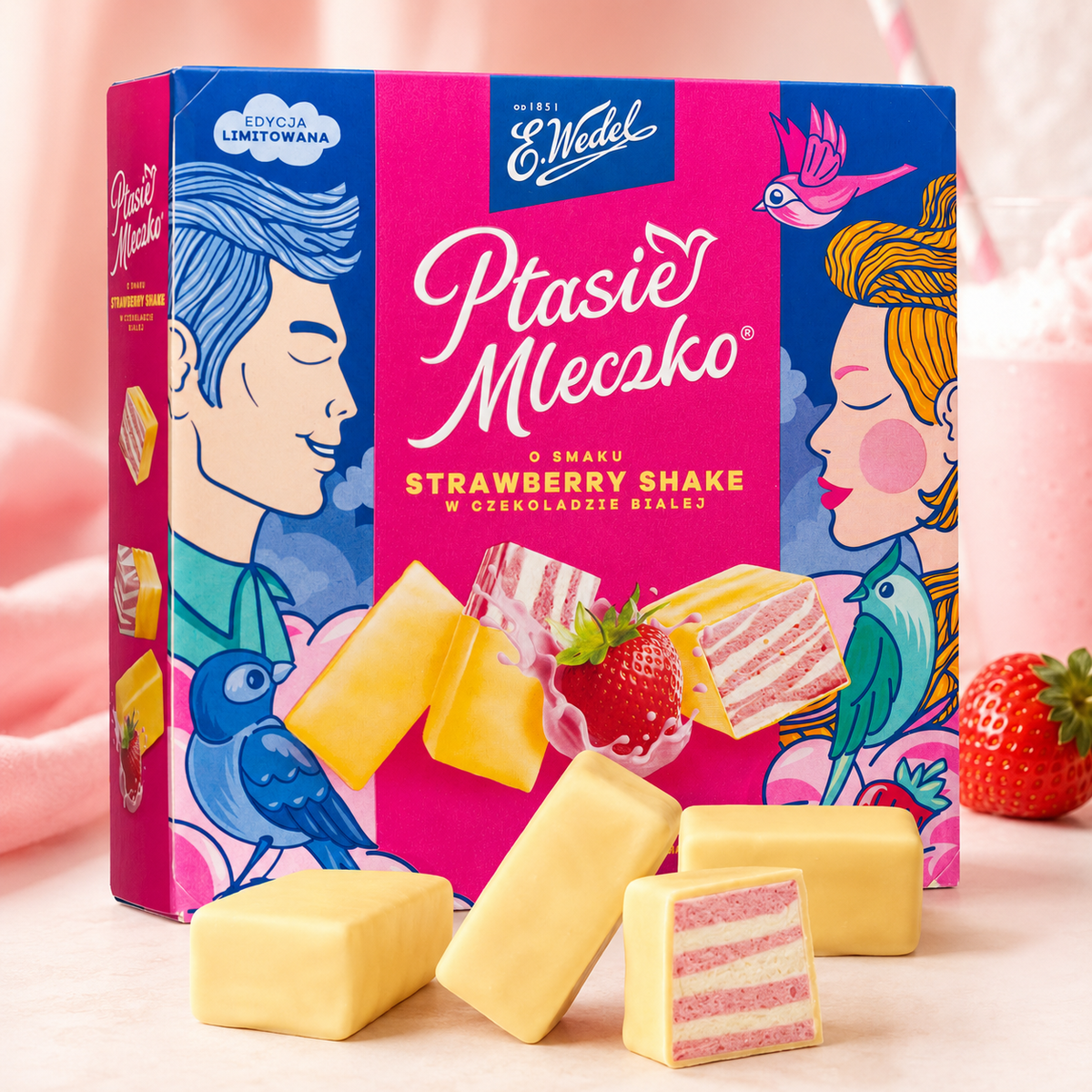 E. Wedel Limited Edition Ptasie Mleczko Polish Bird's Milk – Strawberry Shake in White Chocolate, 340g