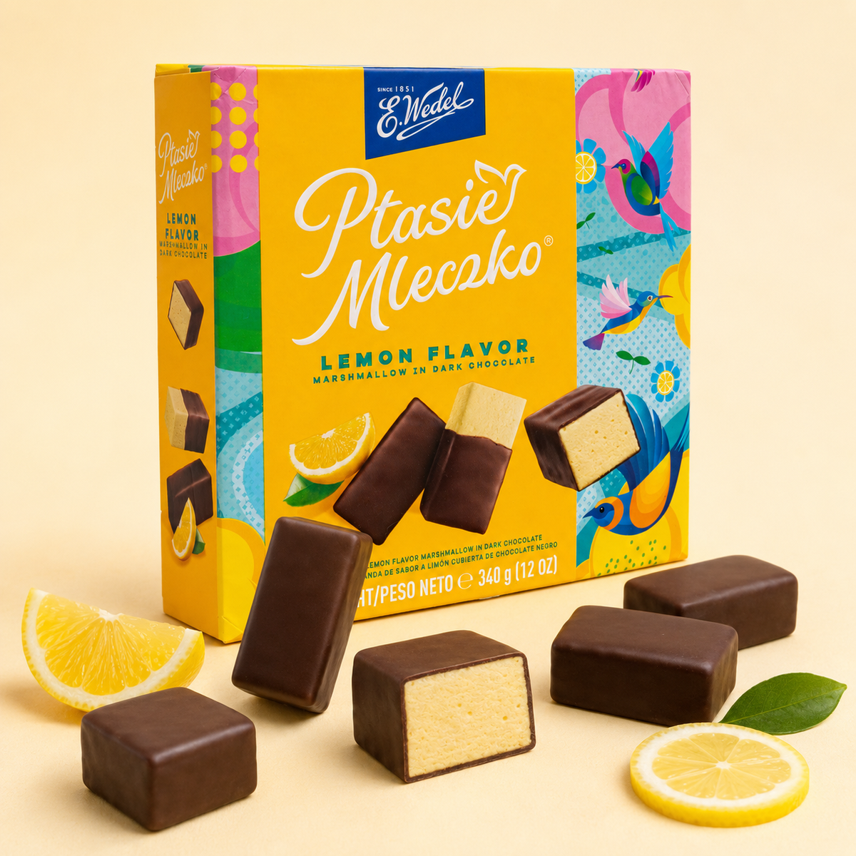 E. Wedel Ptasie Mleczko Polish Bird's Milk – Lemon Marshmallow in Dark Chocolate, 340g
