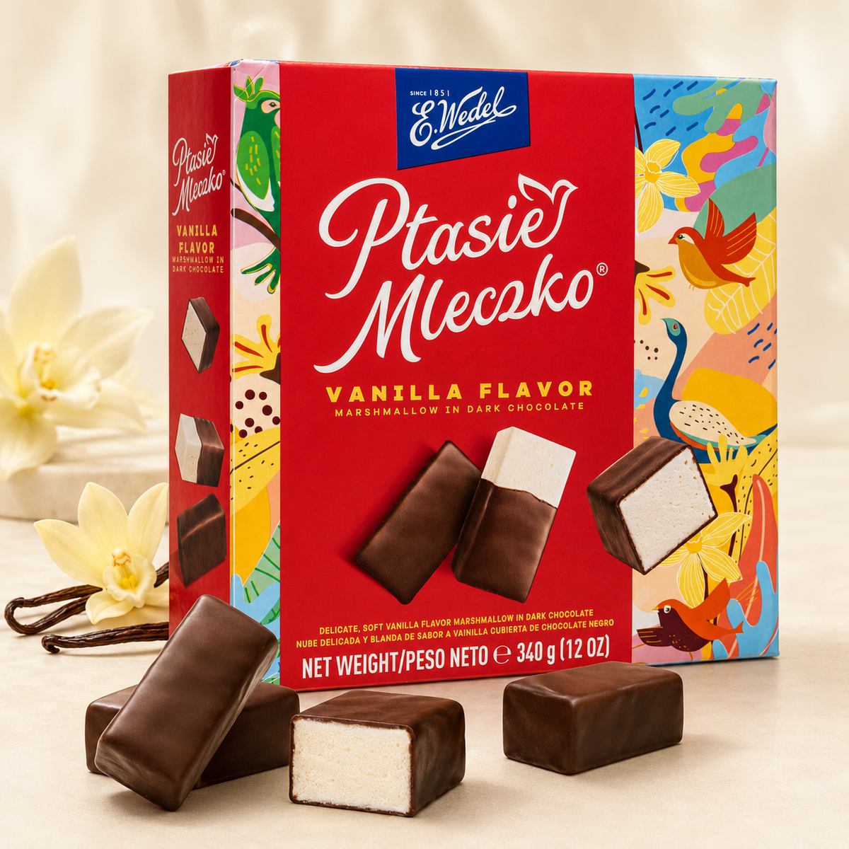 E. Wedel Ptasie Mleczko Polish Bird's Milk – Vanilla Marshmallow in Dark Chocolate, 340g