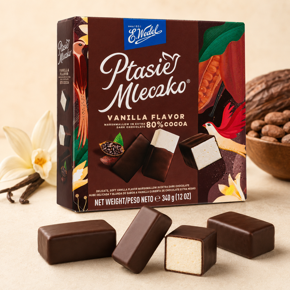 E. Wedel Ptasie Mleczko Polish Bird's Milk – Vanilla Marshmallow in 80% Extra Dark Chocolate, 340g