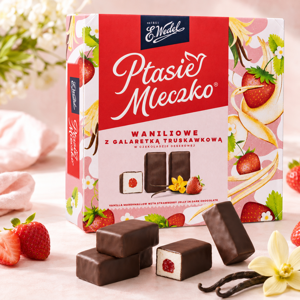 E. Wedel Ptasie Mleczko Polish Bird's Milk – Vanilla Marshmallow with Strawberry Jelly in Dark Chocolate, 340g
