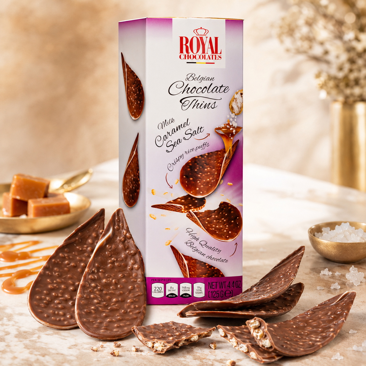 Royal Chocolates Belgian Milk Chocolate Thins with Caramel & Sea Salt, 4.4 oz (125 g)