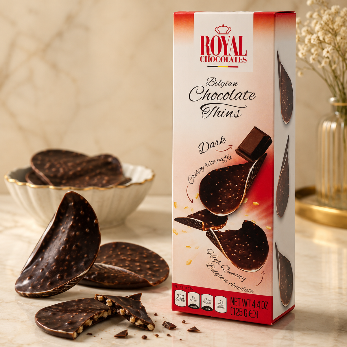 Royal Chocolates Belgian Dark Chocolate Thins with Crispy Rice Puffs, 4.4 oz (125 g)