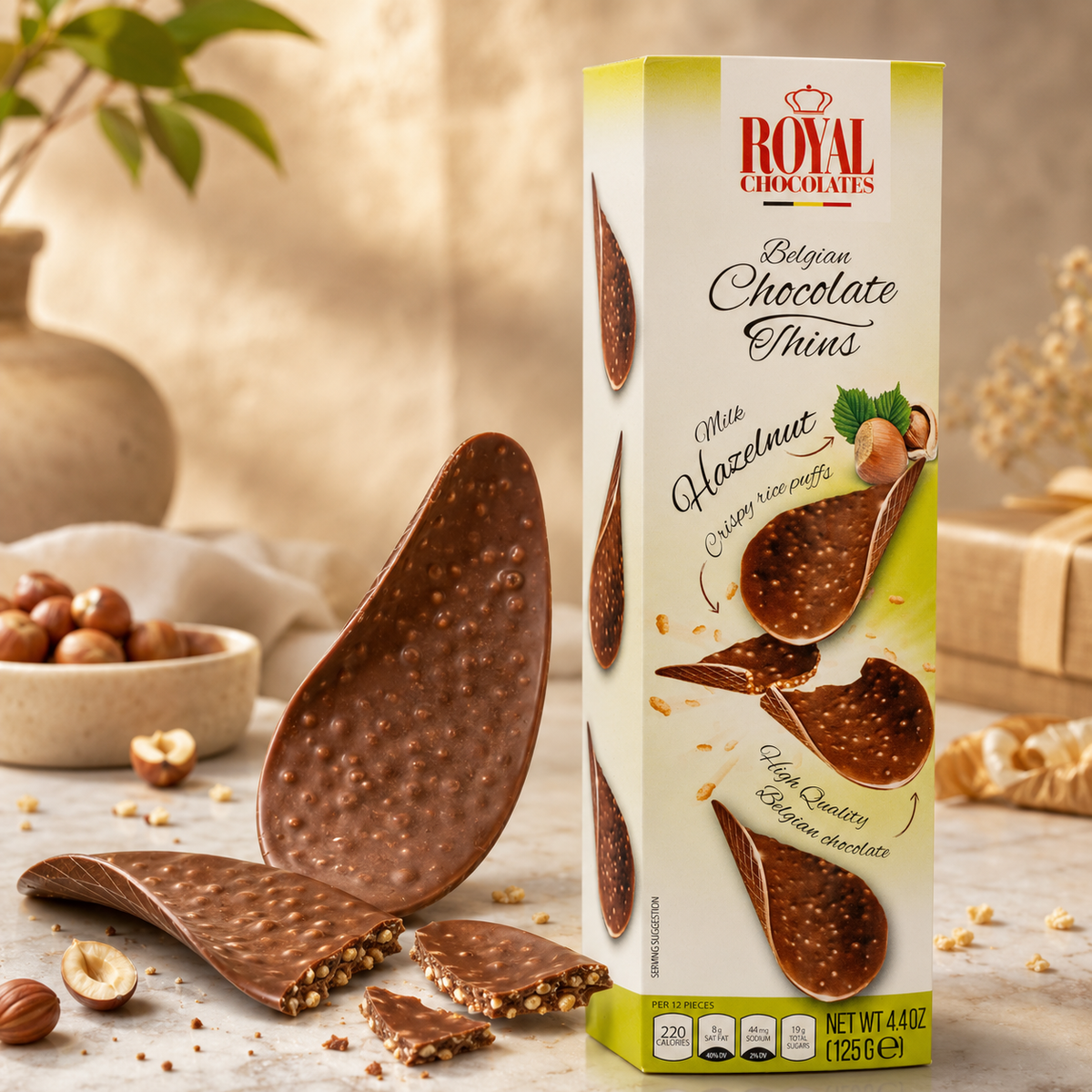 Royal Chocolates Belgian Milk Chocolate Hazelnut Thins with Crispy Rice Puffs, 4.4 oz (125 g)