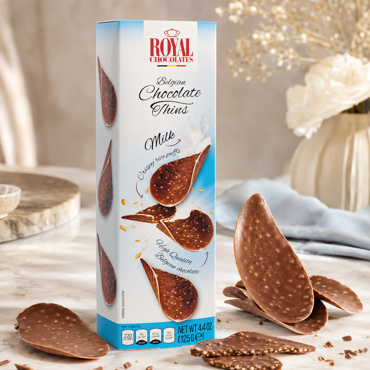 Royal Chocolates Belgian Milk Chocolate Thins with Crispy Rice Puffs, 4.4 oz (125 g)